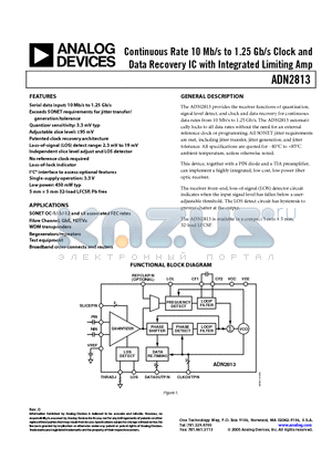 ADN2813 datasheet - Continuous Rate 10 Mb/s to 1.25 Gb/s Clock and Data Recovery IC with Integrated Limiting Amp
