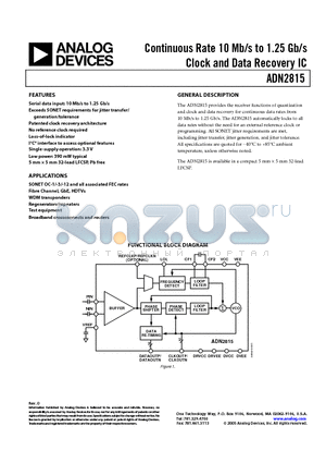 ADN2815 datasheet - Continuous Rate 10 Mb/s to 1.25 Gb/s Clock and Data Recovery IC