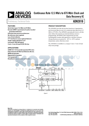 ADN2816 datasheet - Continuous Rate 12.3 Mb/s to 675 Mb/s Clock and Data Recovery IC