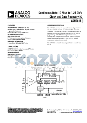 ADN2815ACPZ-RL7 datasheet - Continuous Rate 10 Mb/s to 1.25 Gb/s Clock and Data Recovery IC