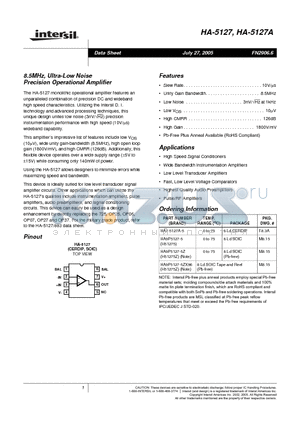 HA-5127_05 datasheet - 8.5MHz, Ultra-Low Noise Precision Operational Amplifier