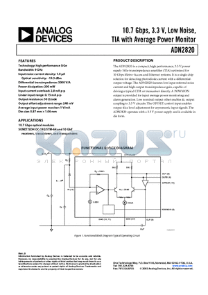 ADN2820ACHIPS datasheet - 10.7 Gbps, 3.3V, Low Noise, TIA with Average Power Moniter