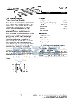 HA-5142_04 datasheet - Dual, 400kHz, Ultra-Low Power Operational Amplifier