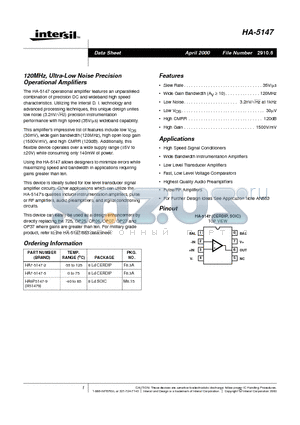 HA-5147 datasheet - 120MHz, Ultra-Low Noise Precision Operational Amplifiers