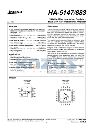 HA-5147/883 datasheet - 100MHz, Ultra Low Noise, Precision, High Slew Rate Operational Amplifier