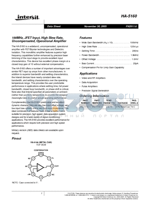 HA-5160_05 datasheet - 100MHz, JFET Input, High Slew Rate, Uncompensated, Operational Amplifier