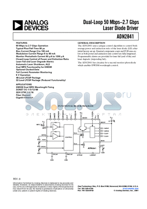 ADN2841ACP-48 datasheet - Dual-Loop 50 Mbps.2.7 Gbps Laser Diode Driver