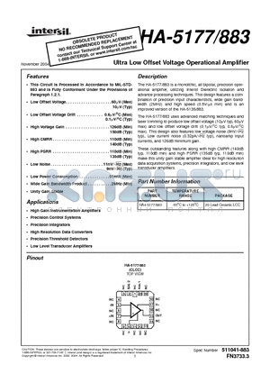 HA-5177_04 datasheet - Ultra Low Offset Voltage Operational Amplifier