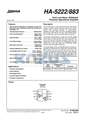 HA-5222 datasheet - Dual, Low Noise, Wideband, Precision Operational Amplifier