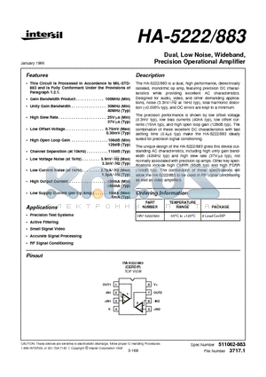 HA-5222883 datasheet - Dual, Low Noise, Wideband, Precision Operational Amplifier