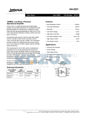 HA-5221 datasheet - 100MHz, Low Noise, Precision Operational Amplifier