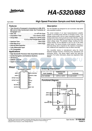 HA-5320883 datasheet - High Speed Precision Sample and Hold Amplifier