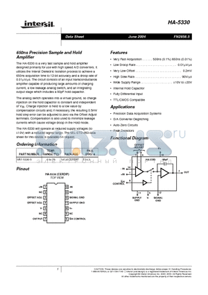 HA-5330 datasheet - 650ns Precision Sample and Hold Amplifier