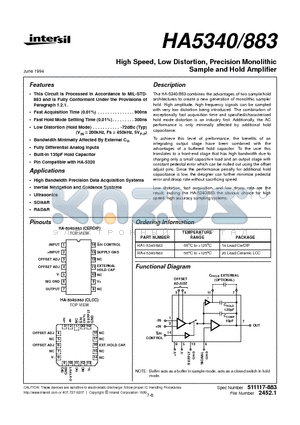 HA-5340/883 datasheet - High Speed, Low Distortion, Precision Monolithic Sample and Hold Amplifier