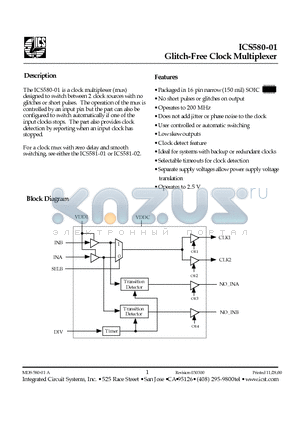 ICS580M-01 datasheet - Glitch-Free Clock Multiplexer
