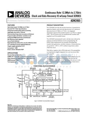 ADN2865 datasheet - Continuous Rate 12.3Mb/s to 2.7Gb/s Clock and Data Recovery IC w/Loop Timed SERDES