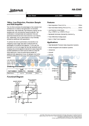 HA-5340_03 datasheet - 700ns, Low Distortion, Precision Sample and Hold Amplifier
