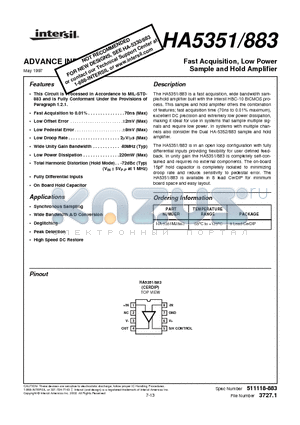 HA-5351MJ/883 datasheet - Fast Acquisition, Low Power Sample and Hold Amplifier