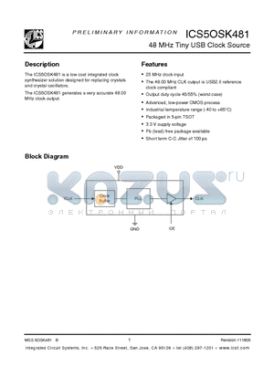 ICS5OSK481 datasheet - 48 MHz Tiny USB Clock Source