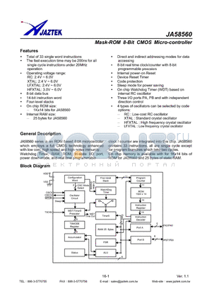 JA58560P datasheet - Mask-ROM 8-Bit CMOS Micro-controller