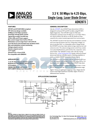 ADN2873ACPZ-RL datasheet - 3.3 V, 50 Mbps to 4.25 Gbps, Single-Loop, Laser Diode Driver