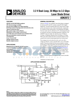 ADN2872ACPZ datasheet - 3.3 V Dual-Loop, 50 Mbps to 3.3 Gbps Laser Diode Driver