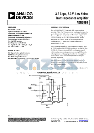 ADN2880ACHIPS datasheet - 3.2 Gbps, 3.3 V, Low Noise, Transimpedance Amplifier