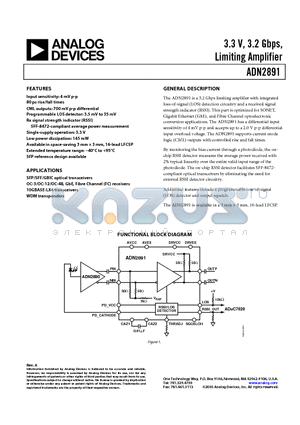 ADN2891ACPZ-RL datasheet - 3.3 V, 3.2 Gbps, Limiting Amplifier