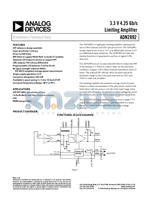 ADN2892ACP-RL datasheet - 3.3 V 4.25 Gb/s Limiting Amplifier