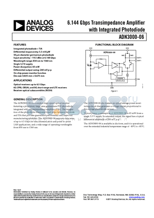 ADN3000-06 datasheet - 6.144 Gbps Transimpedance Amplifier with Integrated Photodiode