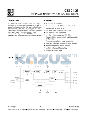 ICS601R-25ILFT datasheet - LOW PHASE NOISE 1 TO 5 CLOCK MULTIPLIER