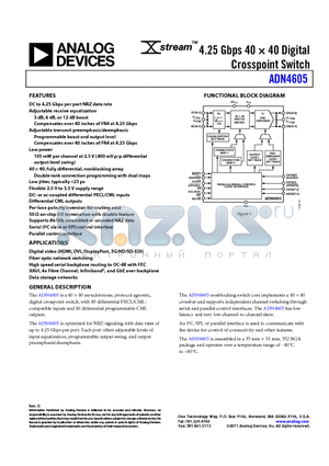 ADN4605-EVALZ datasheet - 4.25 Gbps 40  40 Digital Crosspoint Switch 3 dB, 6 dB, or 12 dB boost