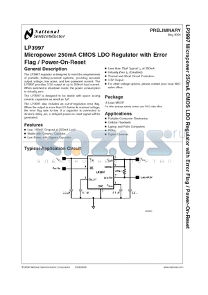 LP3997 datasheet - Micropower 250mA CMOS LDO Regulator with Error  Flag / Power-On-Reset