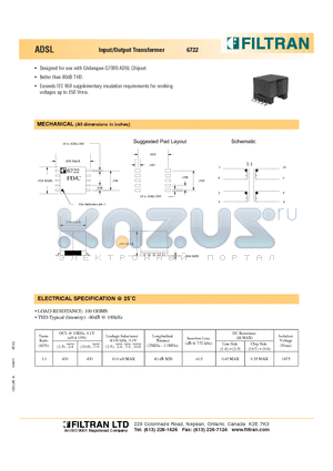 6722 datasheet - ADSL Input/Output Transformer
