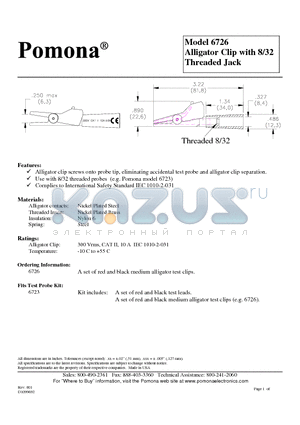 6726 datasheet - Alligator Clip with 8/32 Threaded Jack