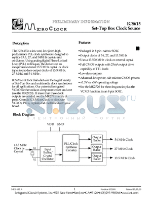 ICS615MT datasheet - Set-Top Box Clock Source