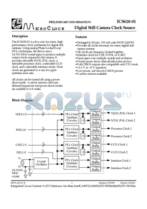 ICS620-01R datasheet - Digital Still Camera Clock Source