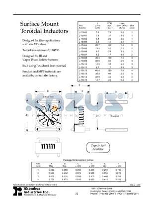 L-15005 datasheet - Surface Mount Toroidal Inductors