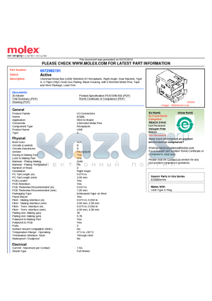 67298-2191 datasheet - Universal Serial Bus (USB) Shielded I/O Receptacle, Right Angle, Dual Stacked, TypeA, 0.76lm (30l