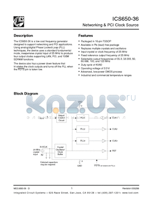 ICS650G-36LFT datasheet - Networking & PCI Clock Source