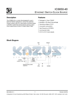 ICS650G-40T datasheet - ETHERNET SWITCH CLOCK SOURCE