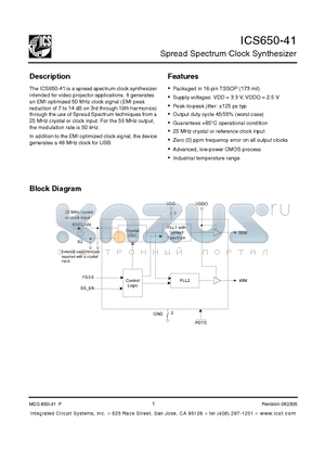 ICS650GI-41LF datasheet - Spread Spectrum Clock Synthesizer