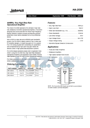 HA1-2539-5 datasheet - 600MHz, Very High Slew Rate Operational Amplifier