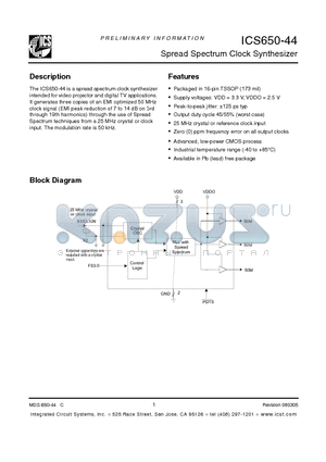 ICS650GI-44 datasheet - Spread Spectrum Clock Synthesizer