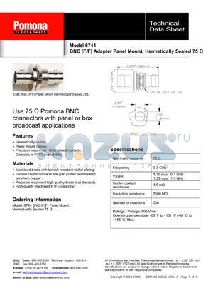 6744 datasheet - BNC (F/F) Adapter Panel Mount, Hermetically Sealed 75 Y