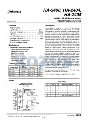 HA1-2405-5 datasheet - 40MHz, PRAM Four Channel Programmable Amplifiers