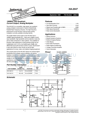 HA1-2547-9 datasheet - 100MHz, Two Quadrant, Current Output, Analog Multiplier