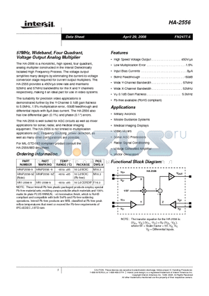 HA1-2556-9 datasheet - 57MHz, Wideband, Four Quadrant, Voltage Output Analog Multiplier