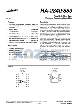 HA1-2840883 datasheet - Very High Slew Rate, Wideband Operational Amplifier