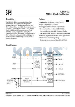 ICS650R-12 datasheet - MPEG Clock Synthesizer